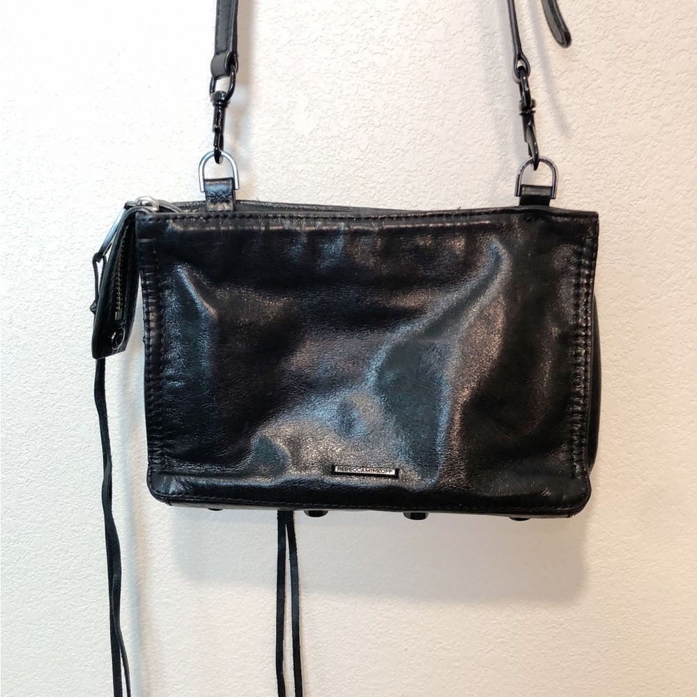 Rebecca Minkoff Black Leather Mini Crossbody Clutch with Long Fringe